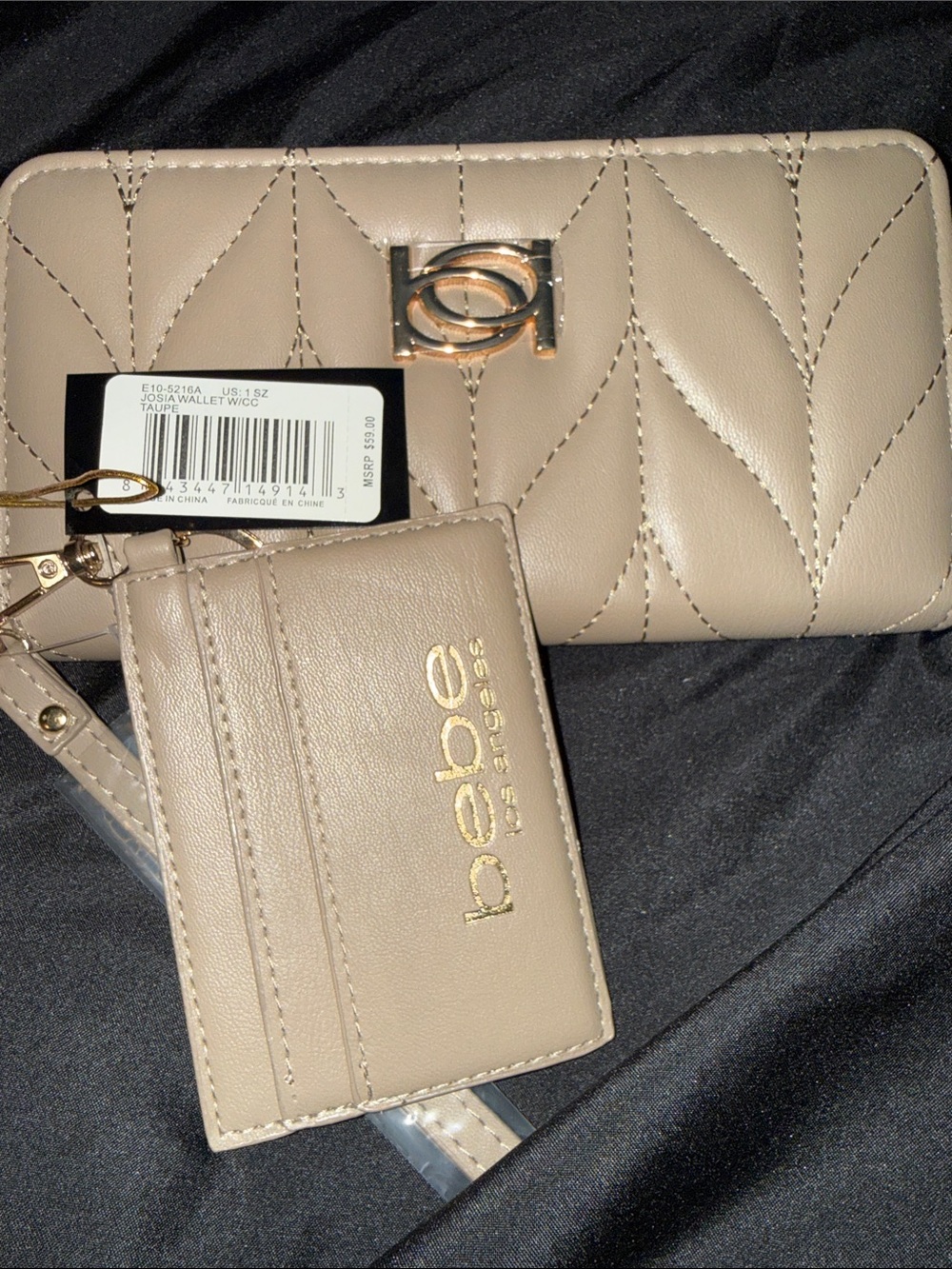 bebe Quilted Taupe Wristlet Wallet with Matching Card Holder